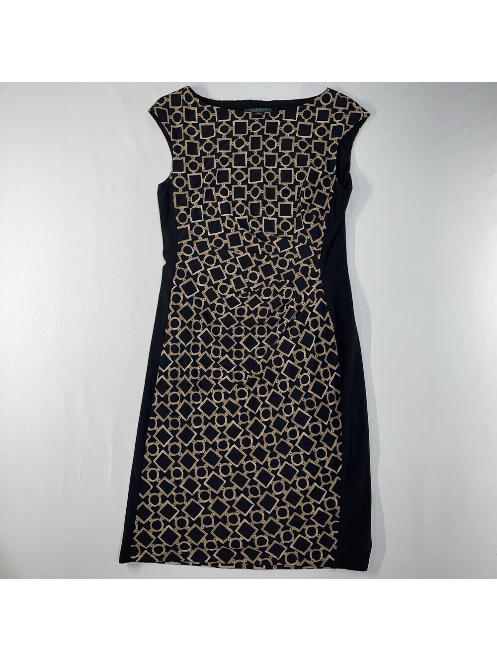 Ralph Lauren Faux Wrap Ruched Sheath Dress Sz 8 Stretch Jersey Slinky Geometric